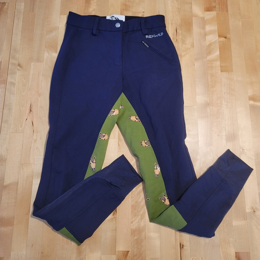Buckwild Breeches High-Waist Horse Print Navy & Green Riding Pants Size XXS